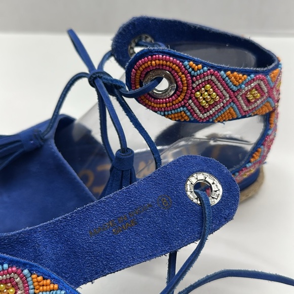 Sam Edelman Shae Sandals Suede Tasseled Ankle Wrap Beaded Flat Shoes Blue Size 8 - Picture 10 of 10